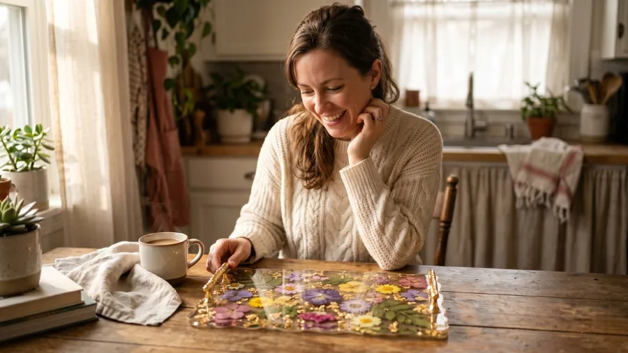 Mom creating resin art at home