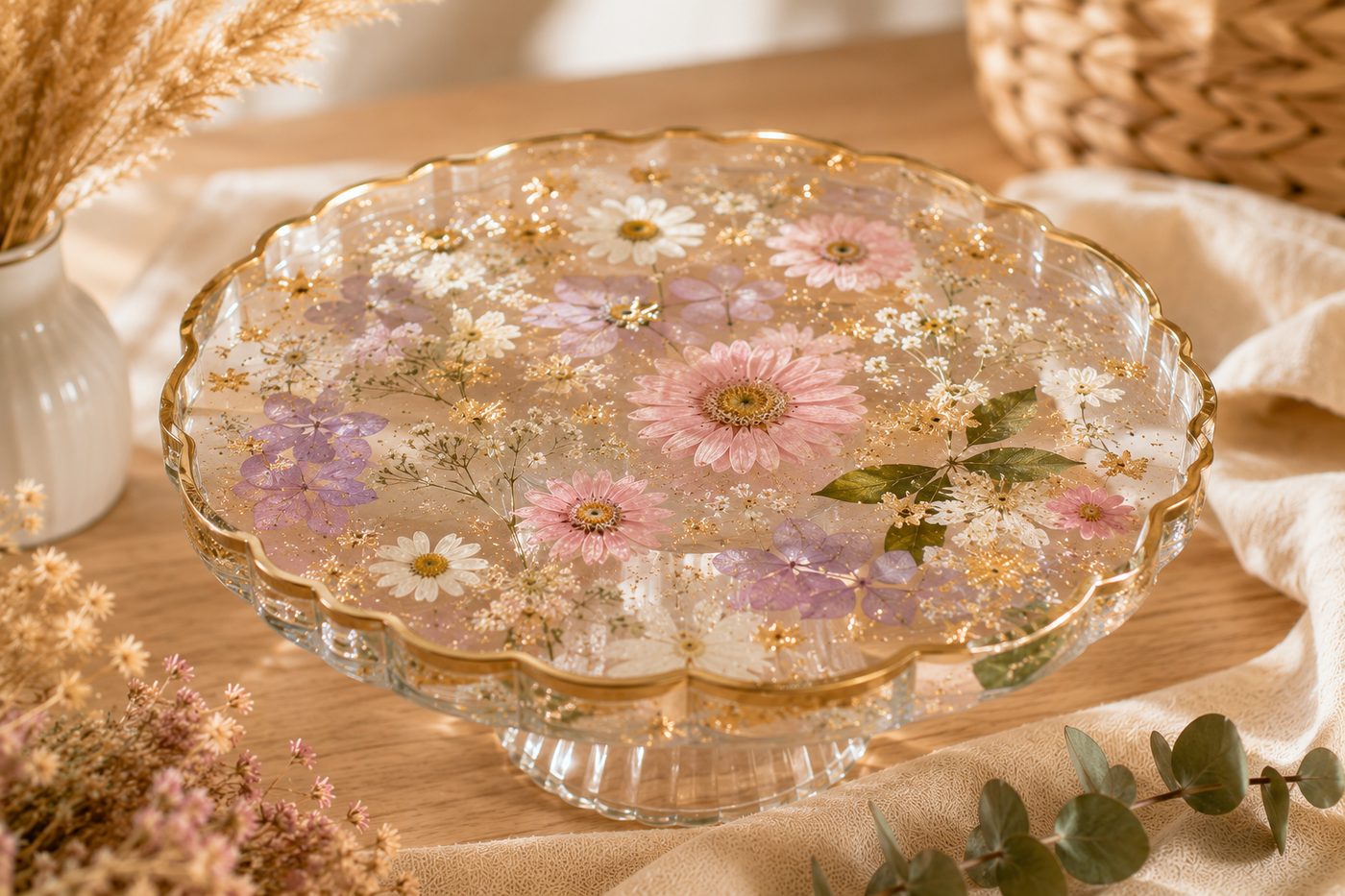 Peça de resina epóxi artesanal com flores prensadas